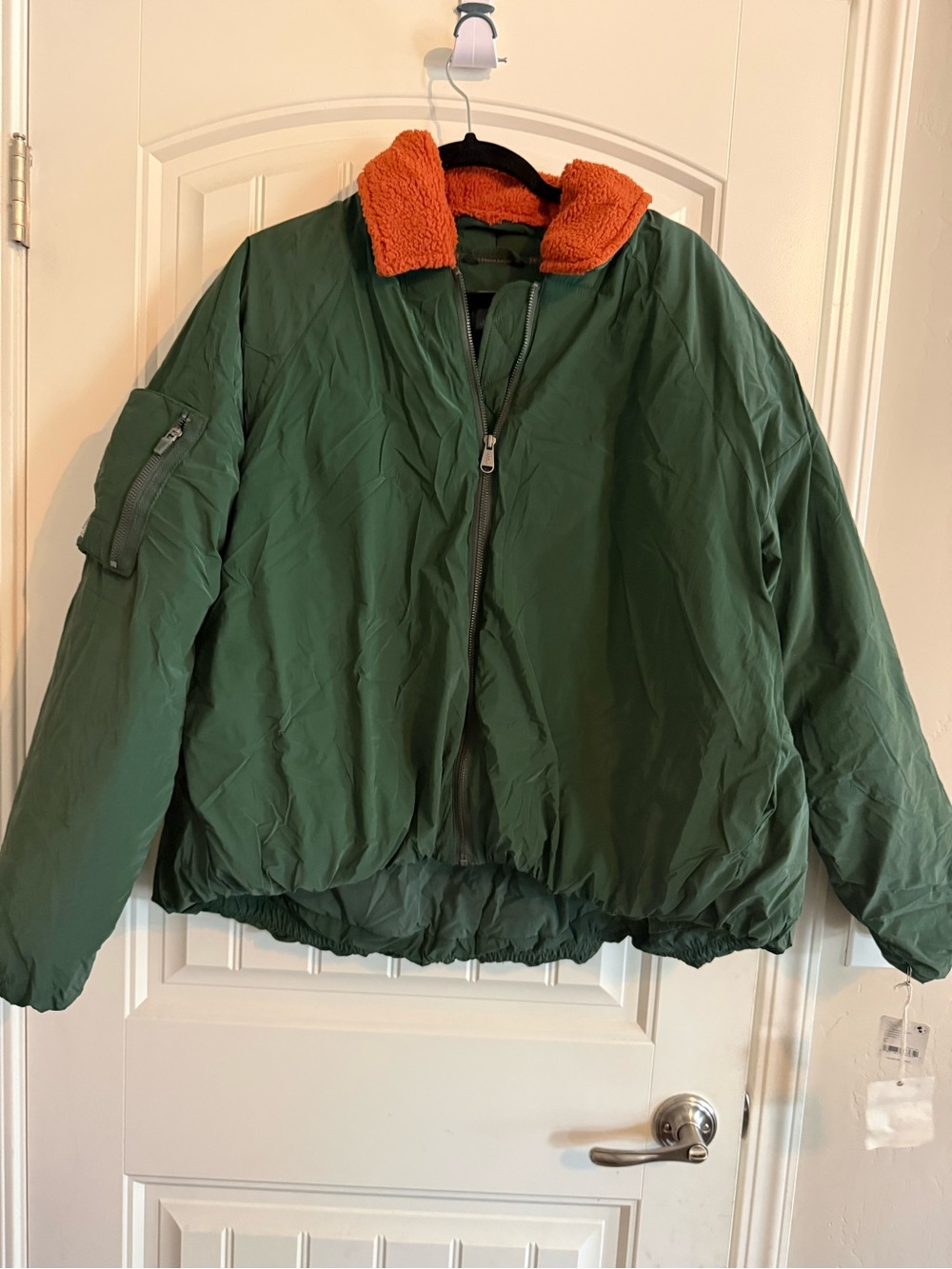 Free People Green Bomber Jacket with Orange Sherpa Collar